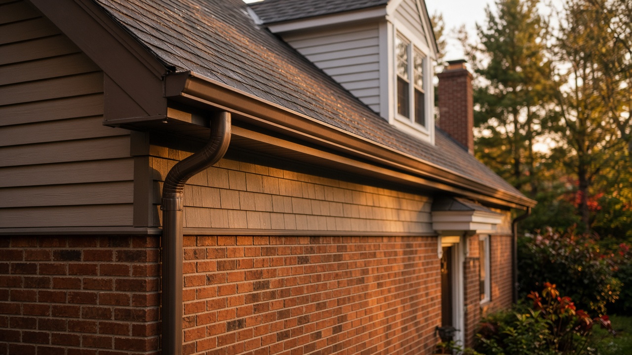 Seamless gutters on a New England house after rain